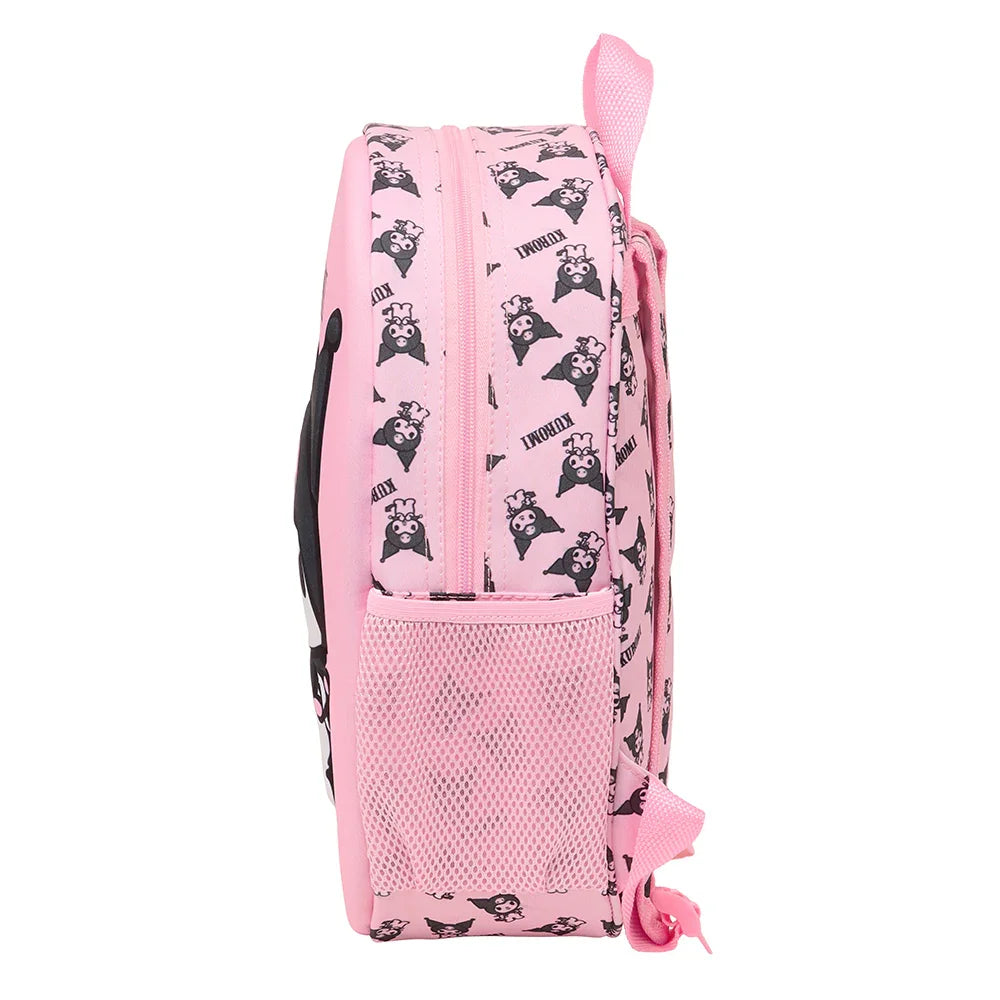 Rosa Rucksack mit Kuromi-Muster und Netzseitentasche