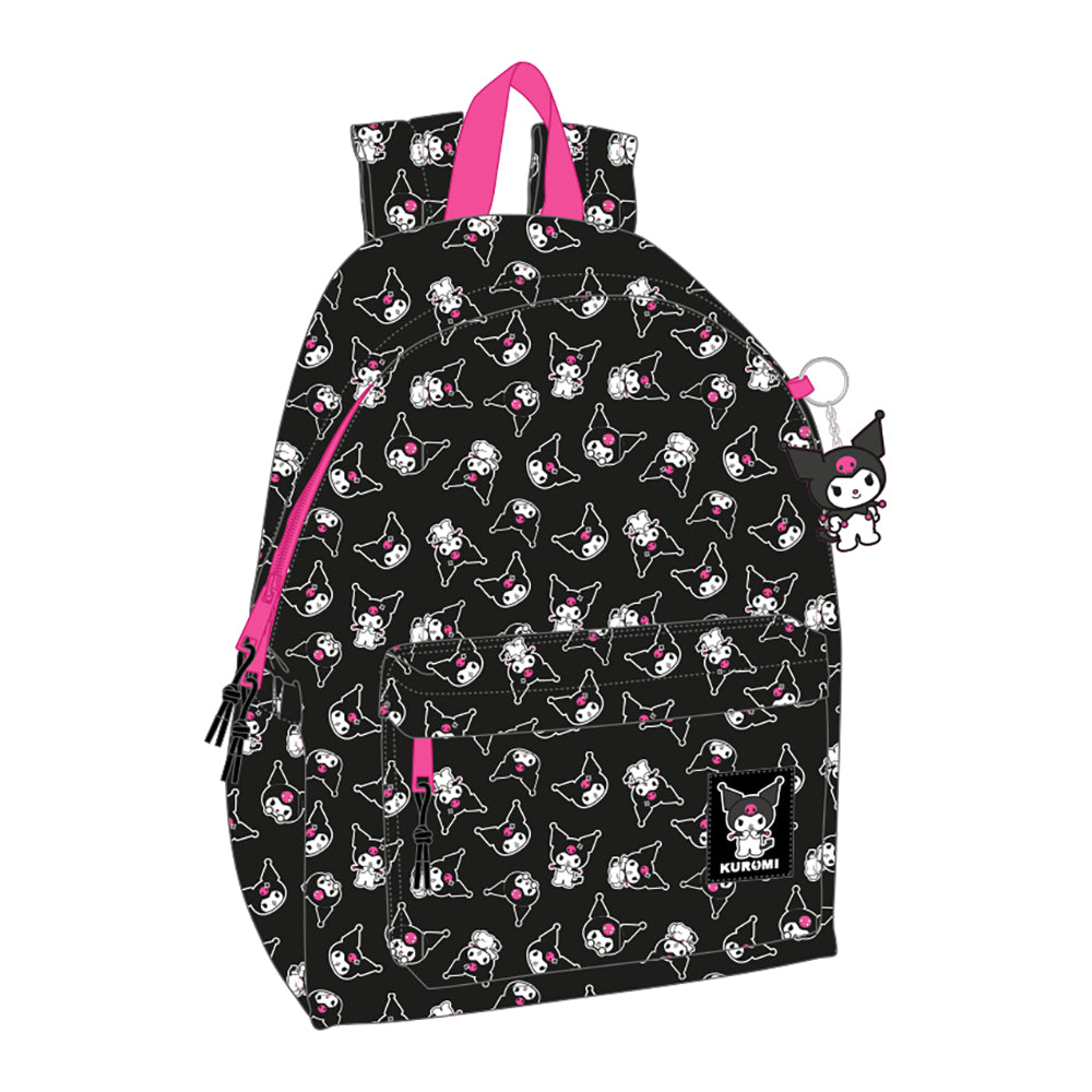 Schwarzer Rucksack mit Kuromi-Muster und pinken Reißverschlüssen