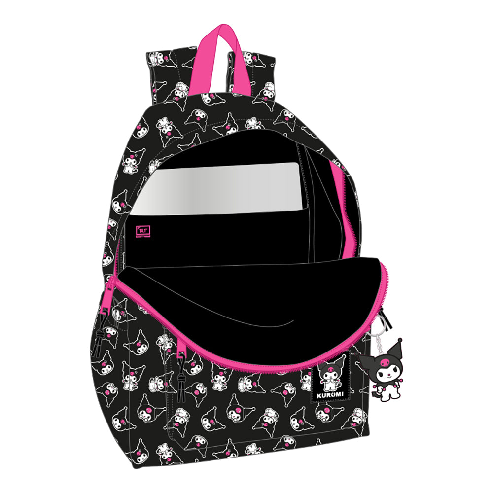 Schwarzer Rucksack mit Kuromi-Muster, pinken Reißverschlüssen und Trägern, offen mit Laptopfach
