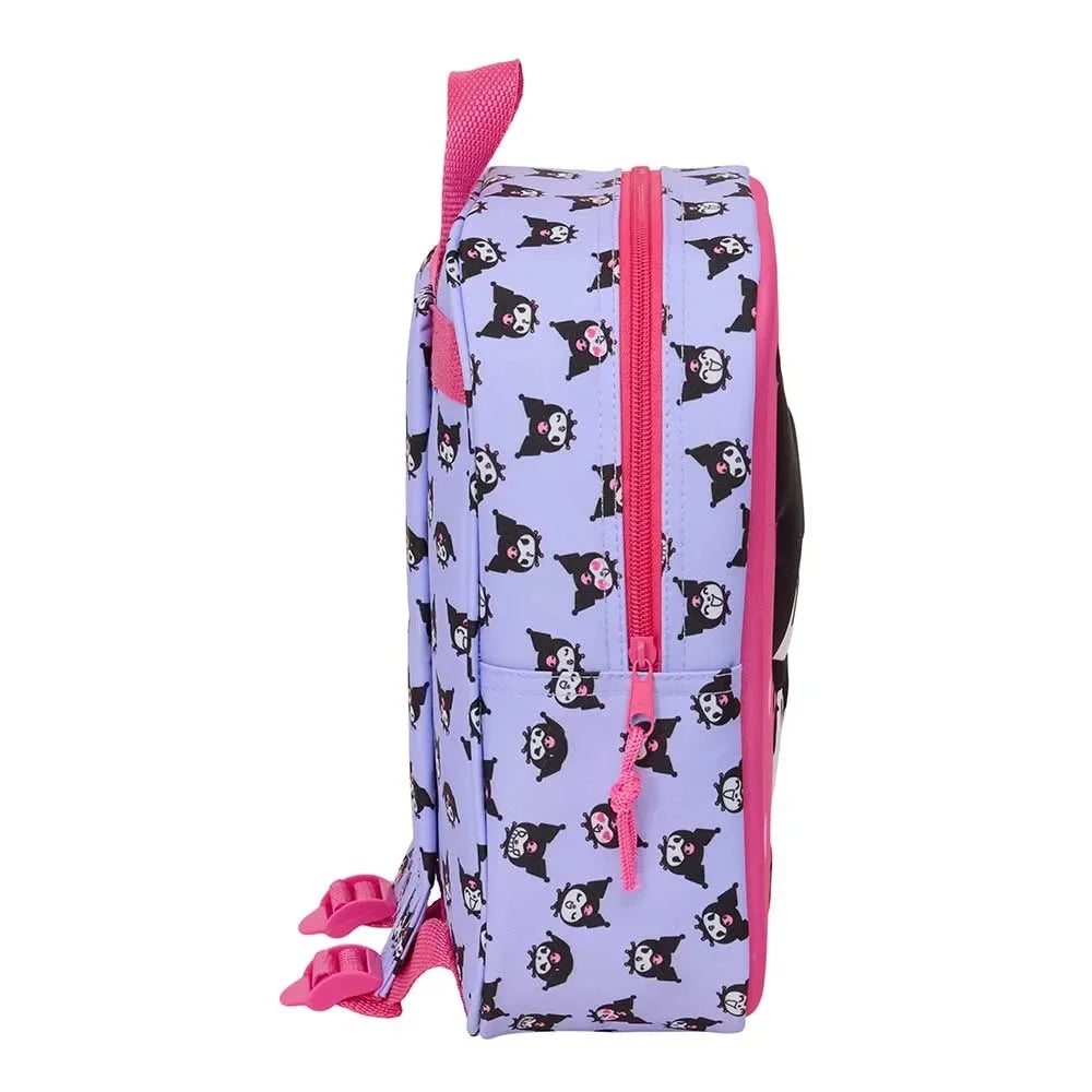 Lila Rucksack mit Kuromi-Muster und pinken Reißverschlüssen