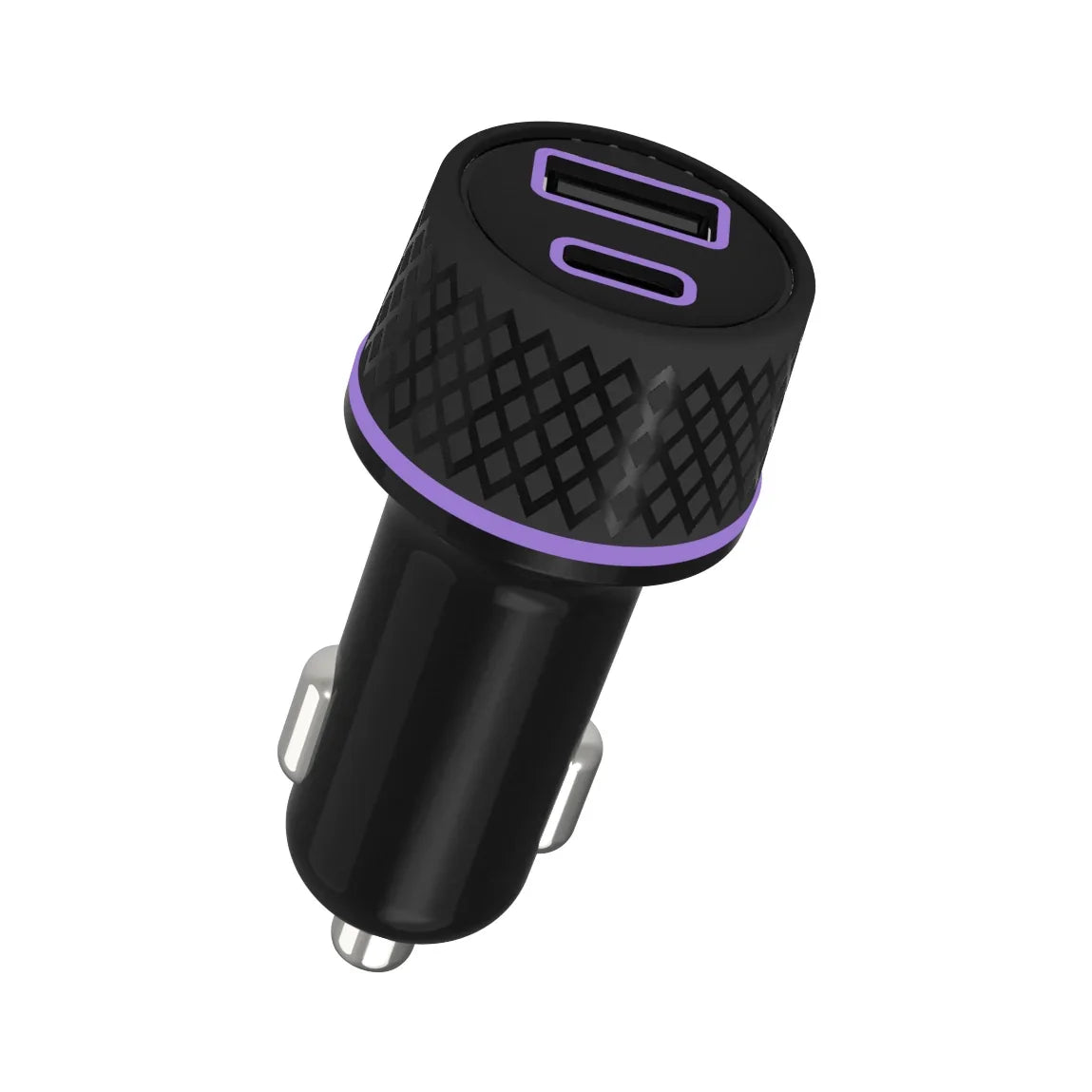 Schwarzes Autoladegerät mit zwei violetten USB-Anschlüssen und Rautenmuster