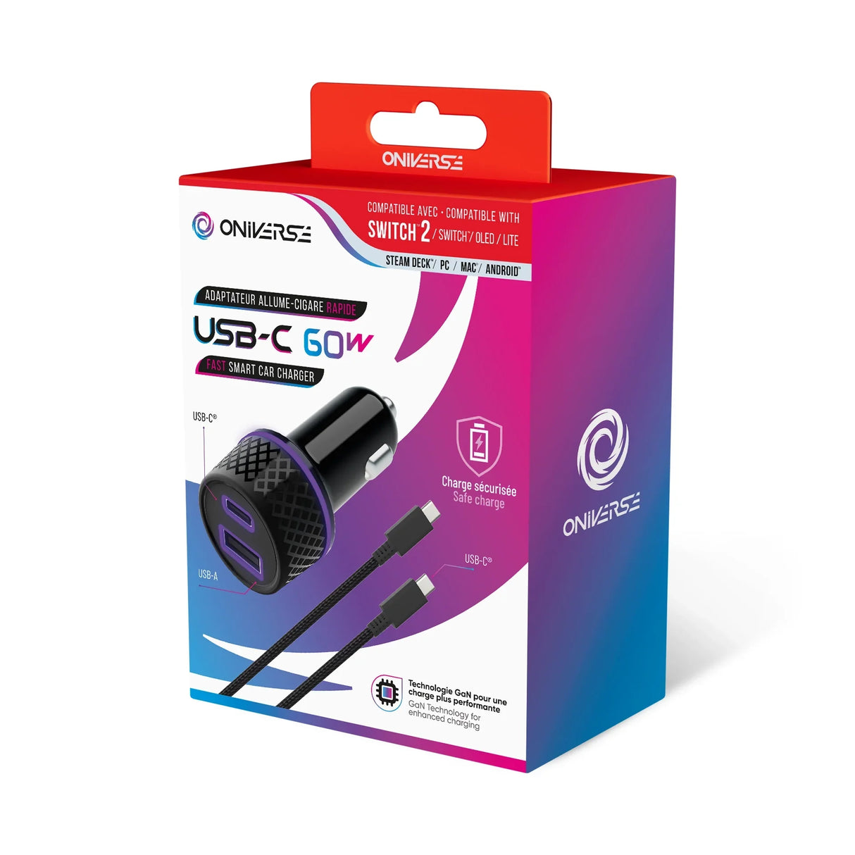 Oniverse 60W USB-C Autoladegerät und Kabel in Verpackung