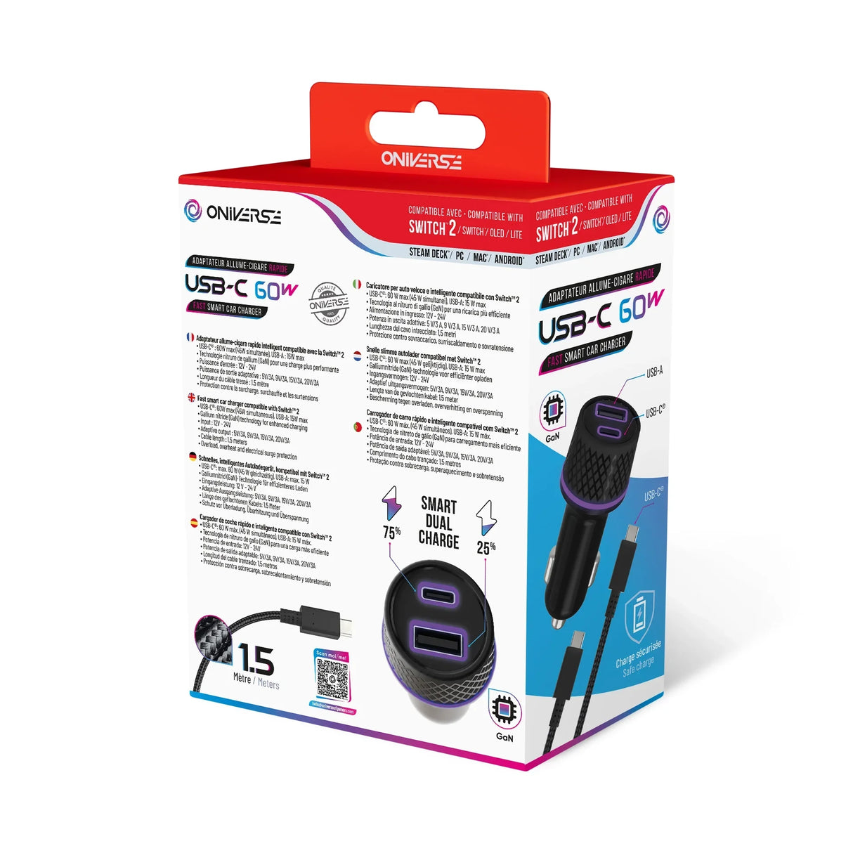 Oniverse USB-C 60W Schnellladegerät für Autos, kompatibel mit Switch 2, Steam Deck, PC, Mac, Android