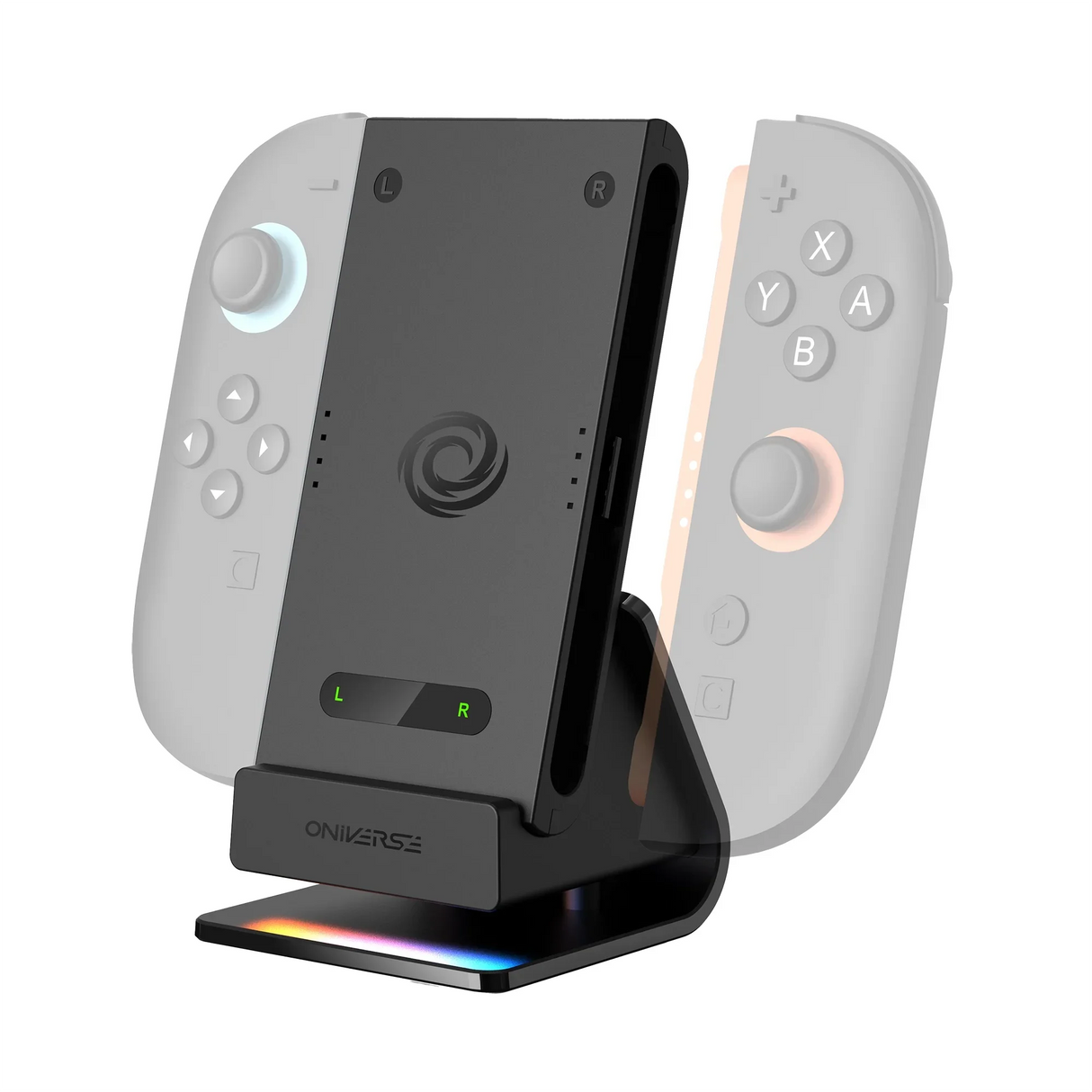 Schwarze Ladestation für Controller mit RGB-Beleuchtung und zwei grauen Controllern