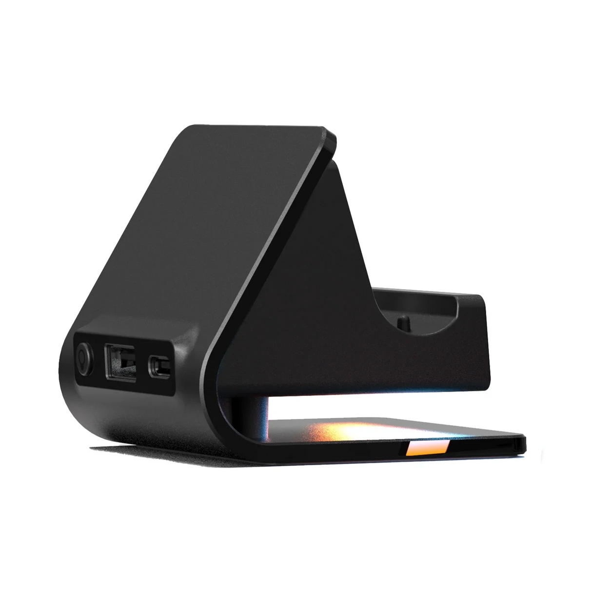 Schwarze Ladestation mit USB-Anschlüssen und leuchtendem Boden