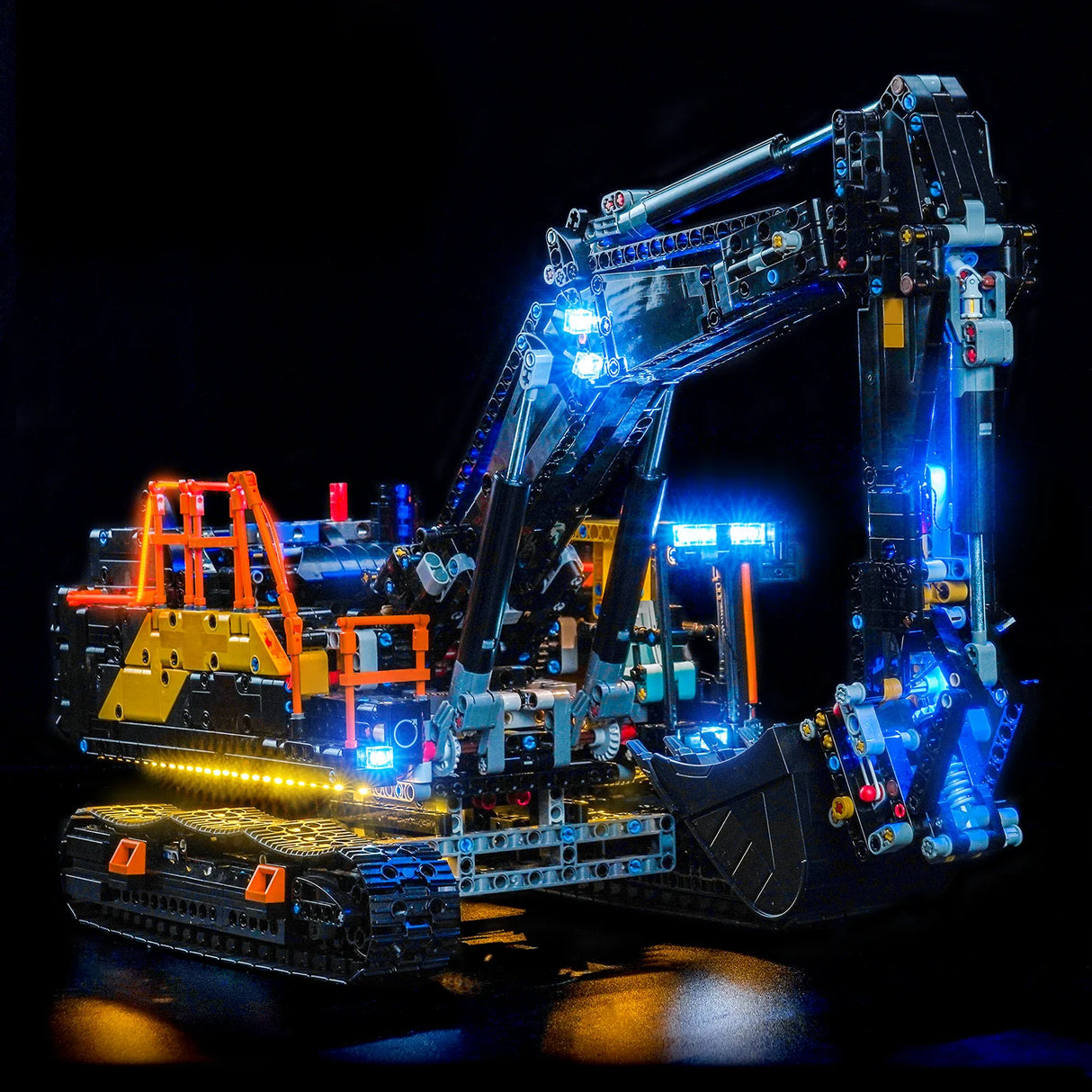 Beleuchteter Lego Technic Bagger auf schwarzem Hintergrund