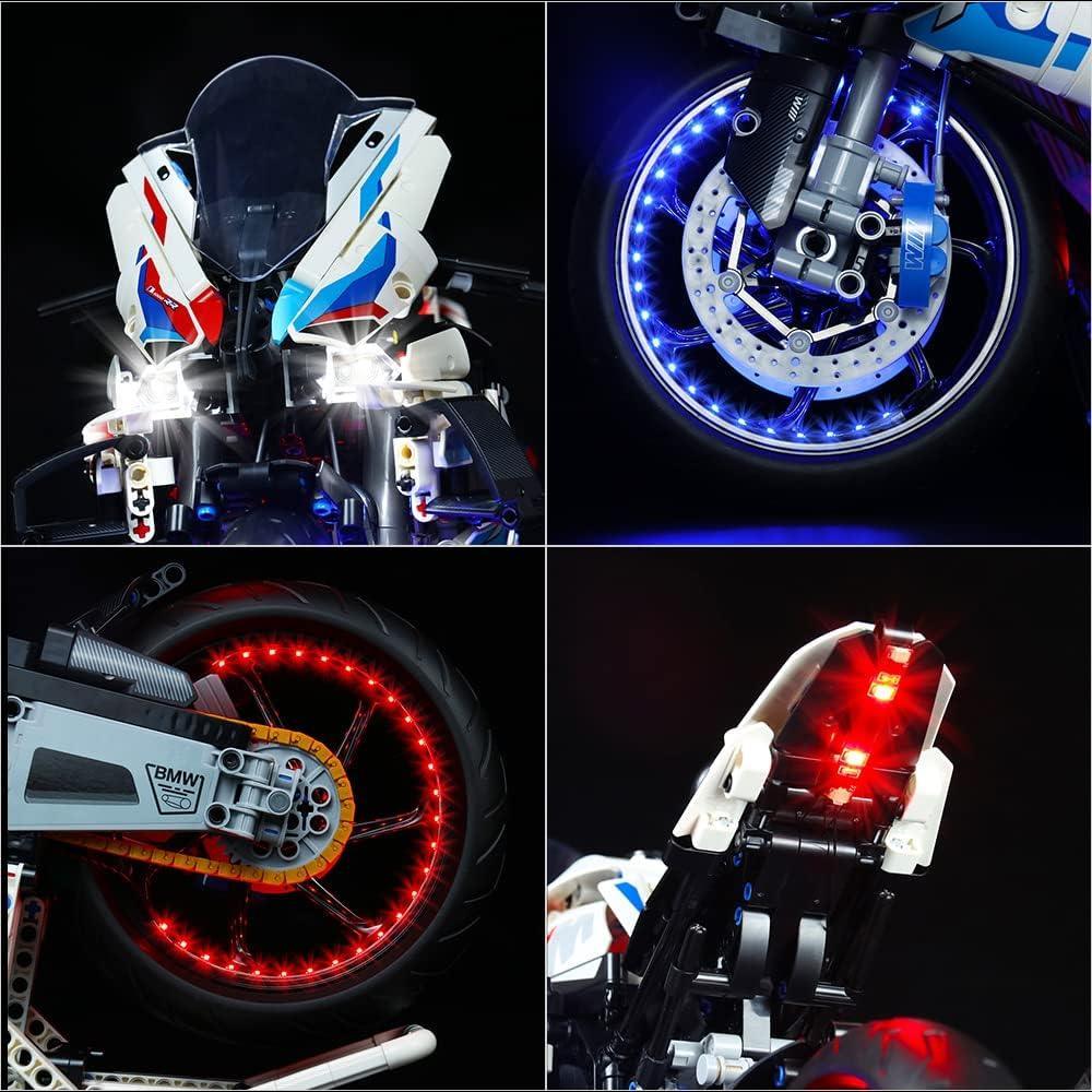 Detailansichten eines BMW Motorrad Modellbausatzes mit leuchtenden LED Komponenten