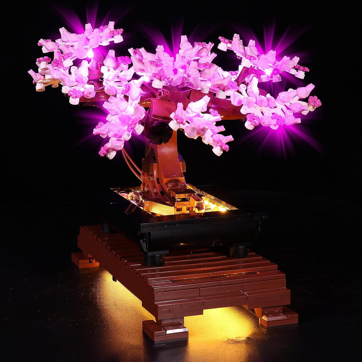 LEGO Bonsai Baum (10281) mit rosa Kirschblüten aus nächster Nähe, beleuchtet mit einem violett-rosa LED-Lichtset und warmweißer Beleuchtung unter der Basis vor schwarzem Hintergrund.