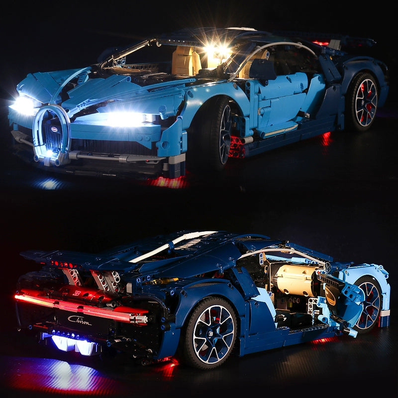 Beleuchtetes Bugatti Chiron Modell aus Klemmbausteinen in Blau vor schwarzem Hintergrund