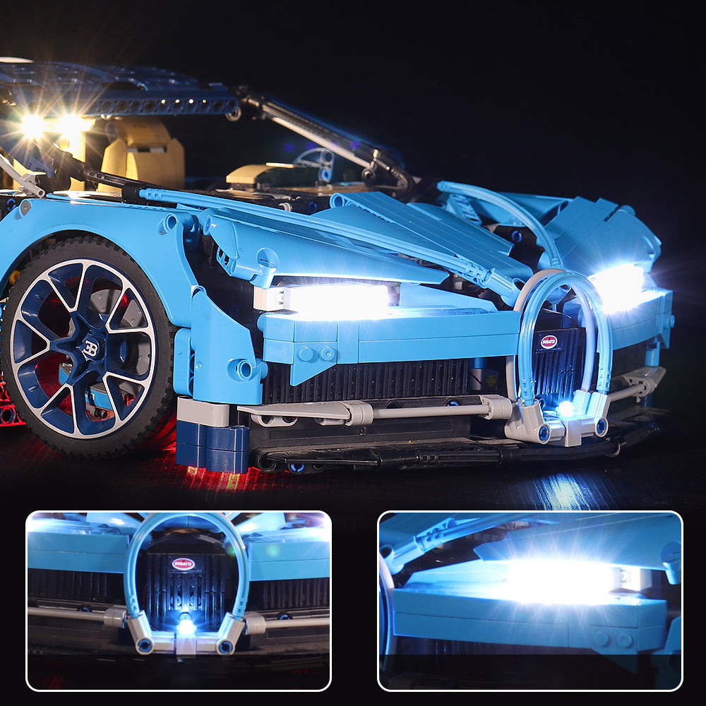 Blaues Bugatti Modellauto aus Klemmbausteinen mit eingeschalteter LED Beleuchtung
