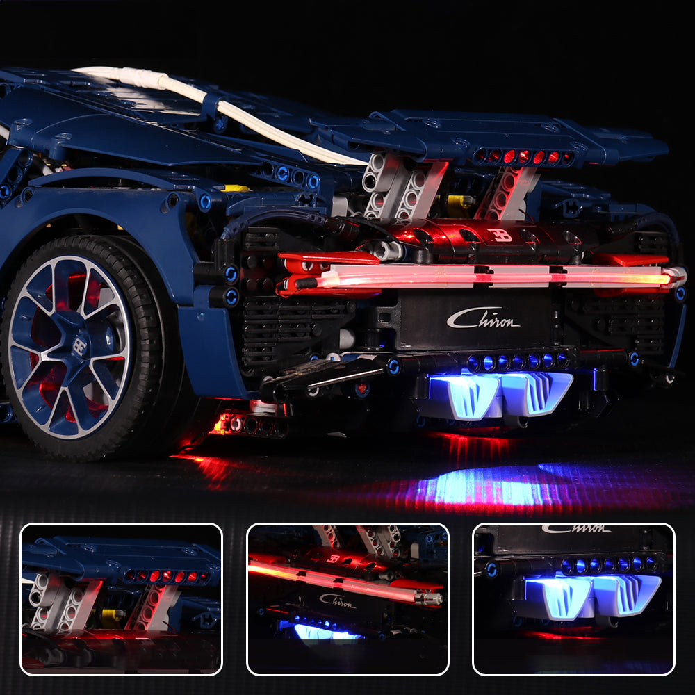 Beleuchtetes Bugatti Chiron Modellauto aus Klemmbausteinen mit leuchtenden Rücklichtern und Auspuffrohren
