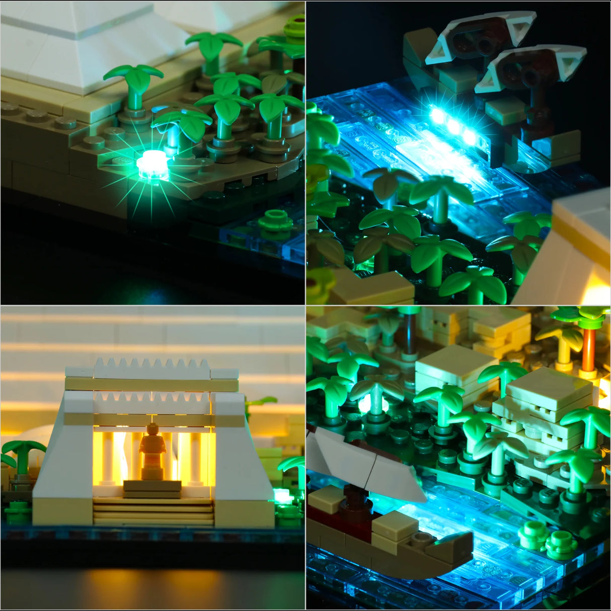 Beleuchtetes Lego Set mit Tempel und Palmen in einer Collage