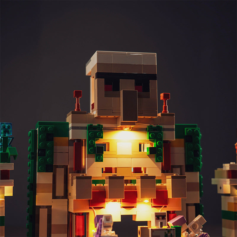 Beleuchtete Minecraft Eisengolem Lego Figur aus Bausteinen vor dunklem Hintergrund