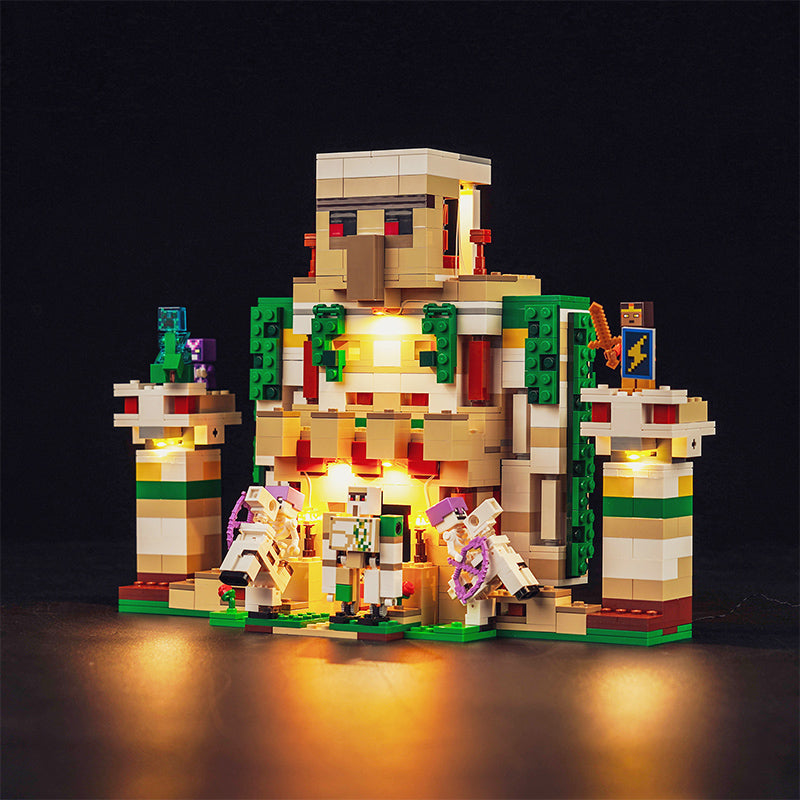 Beleuchtetes Lego Minecraft Set mit Eisengolem und Skelettfiguren vor einer Festung
