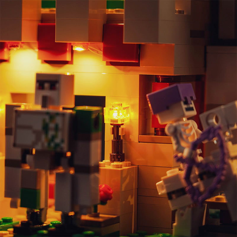 Beleuchtetes Minecraft Lego Set mit Eisengolem und Skelett