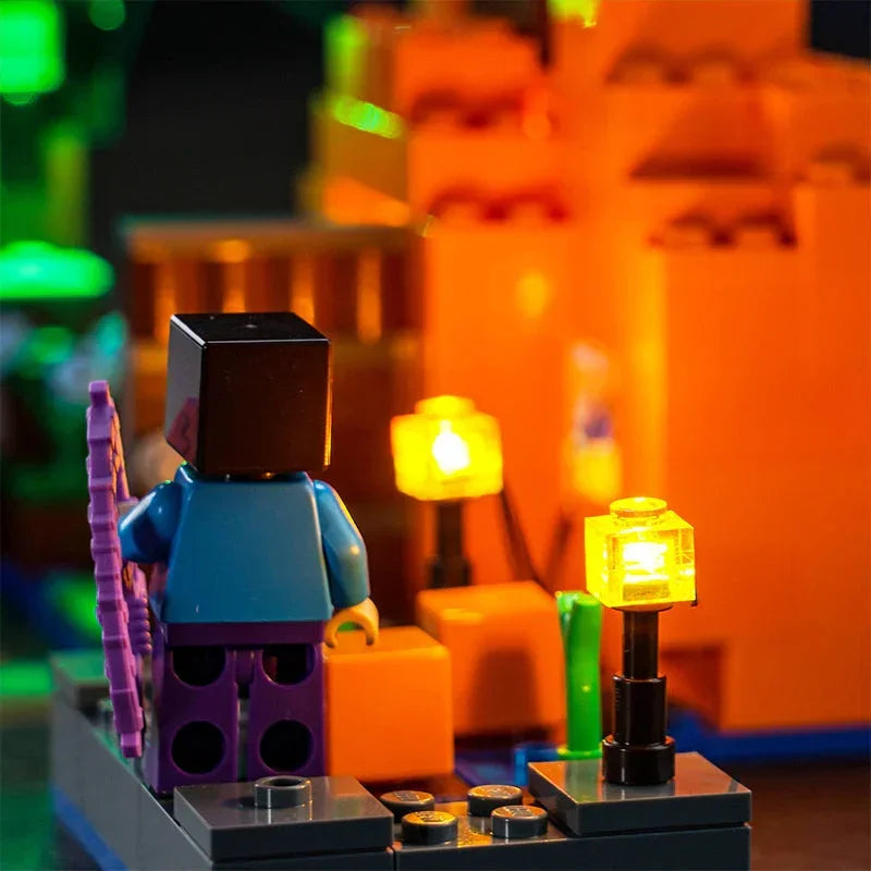 Minecraft Lego Figur in einer beleuchteten Szene