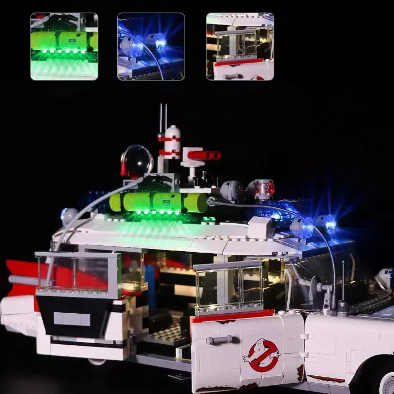 Beleuchtetes Ghostbusters Ecto-1 Modell aus Klemmbausteinen mit LED Details