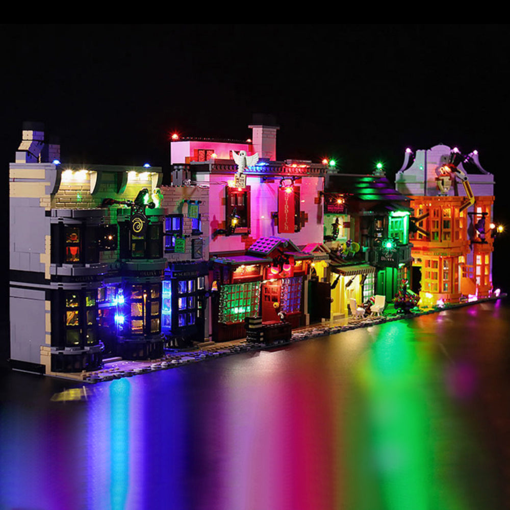 Beleuchtetes Lego Harry Potter Winkelgasse Modell bei Nacht