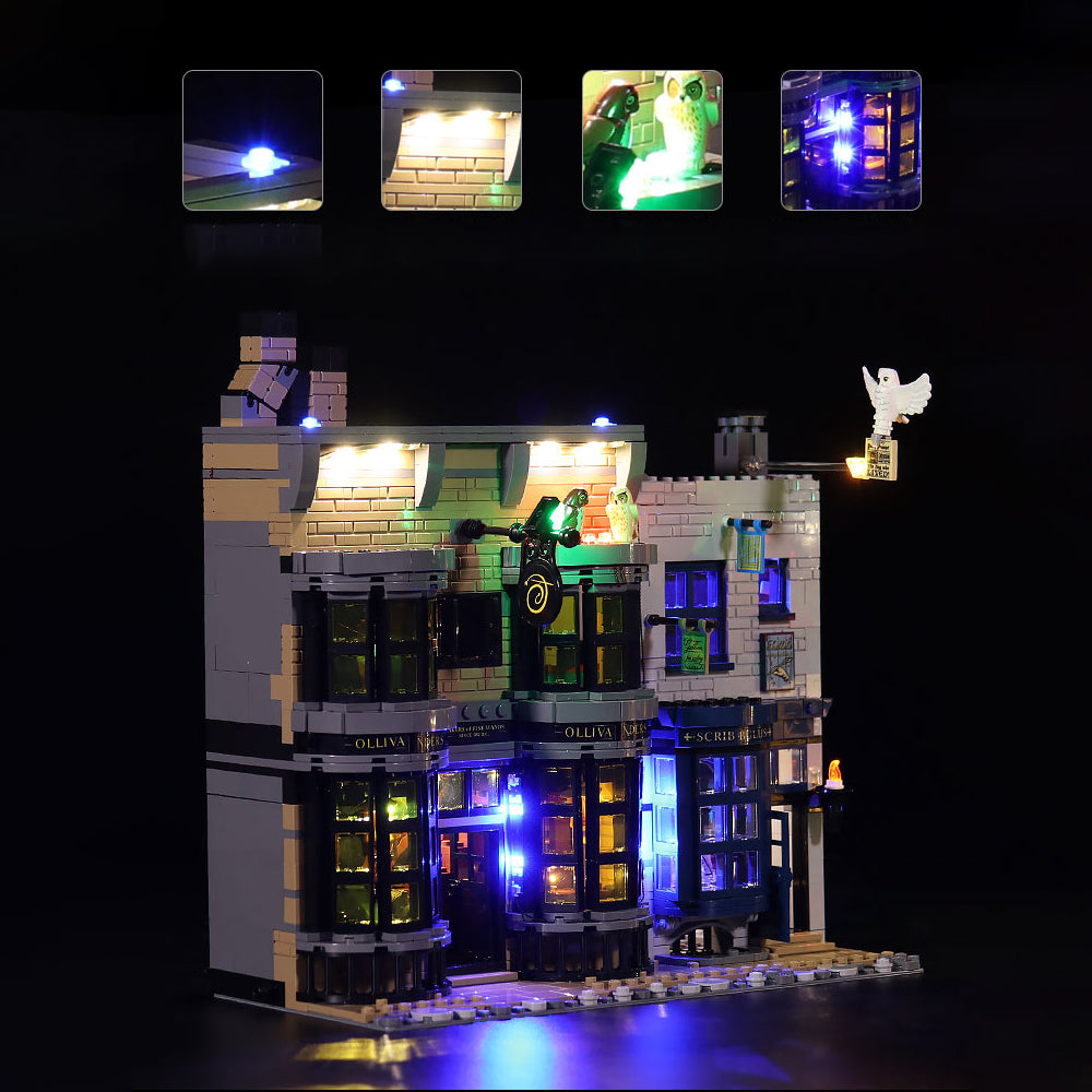 Beleuchtetes Klemmbausteinmodell von Ollivanders Zauberstabladen mit Eule und Details