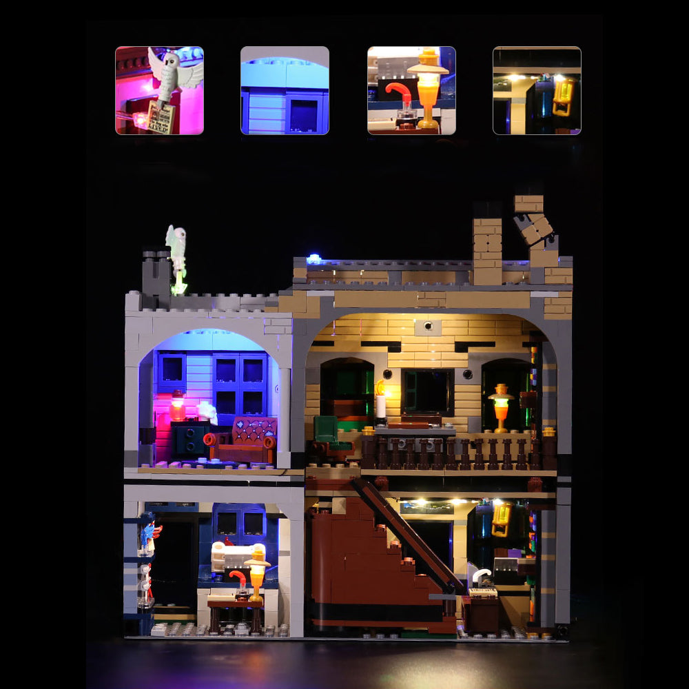 Beleuchtetes Lego Modell eines mehrstöckigen Hauses mit Innenräumen und Details