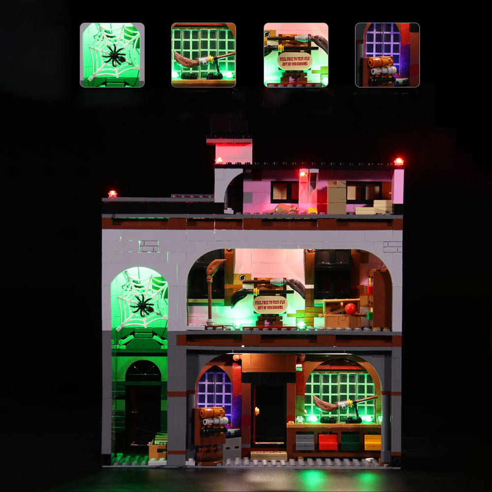 Beleuchtetes Lego Harry Potter Modell mit Spinnennetz und Besen