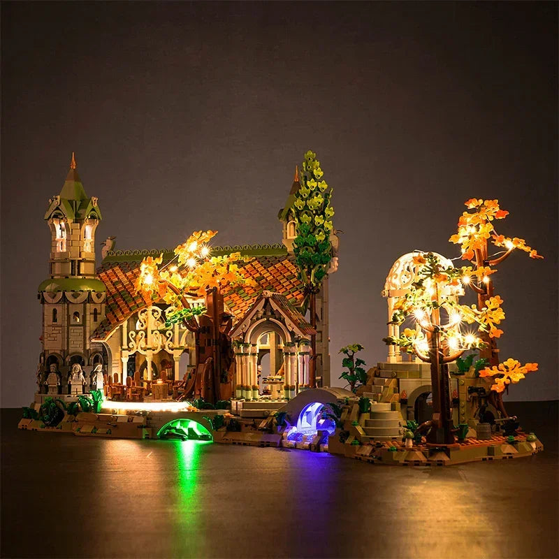 Beleuchtetes Lego Modell von Bruchtal mit Bäumen und Gebäuden
