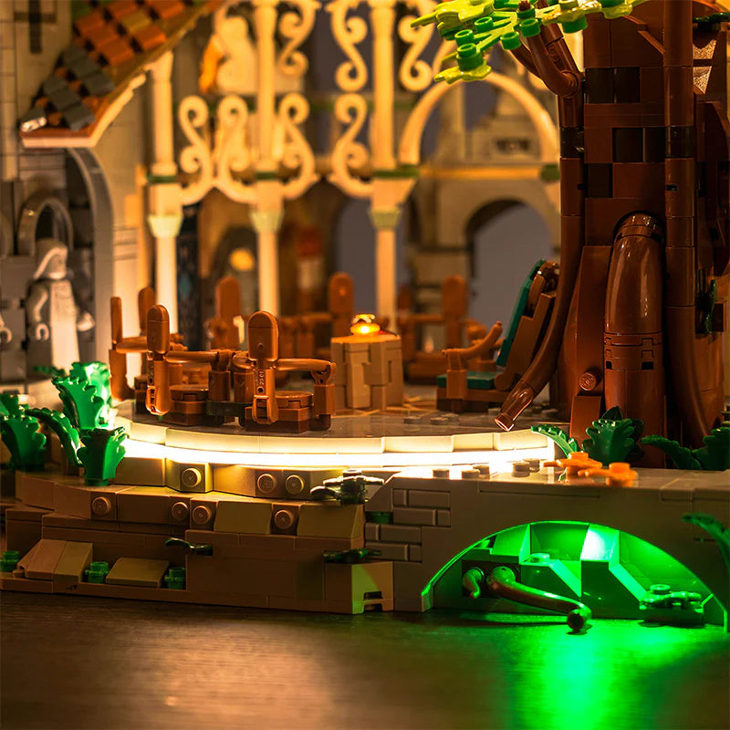 Beleuchtetes Lego Modell mit Baum und Sitzgelegenheiten