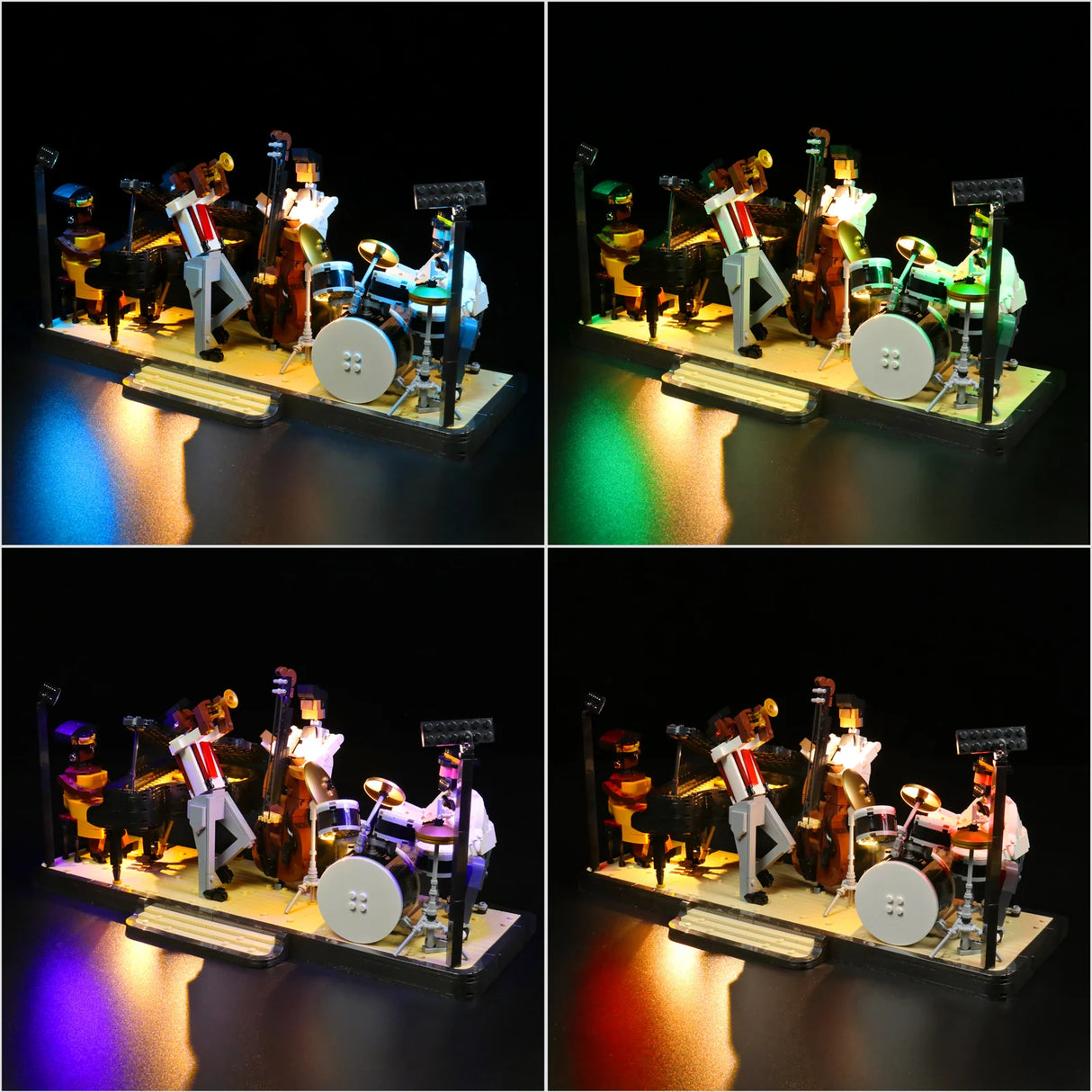 Vier Ansichten einer Lego Jazzband mit Beleuchtung auf einer Bühne vor schwarzem Hintergrund