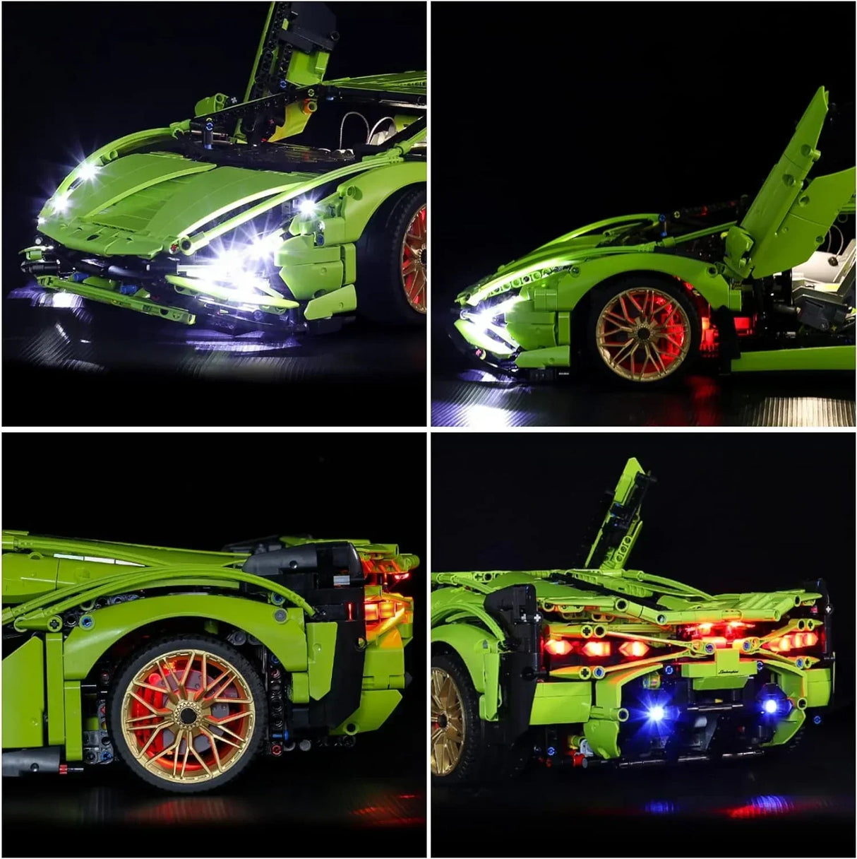Gruenes Lamborghini Modellauto aus Klemmbausteinen mit eingeschalteter LED Beleuchtung aus verschiedenen Perspektiven