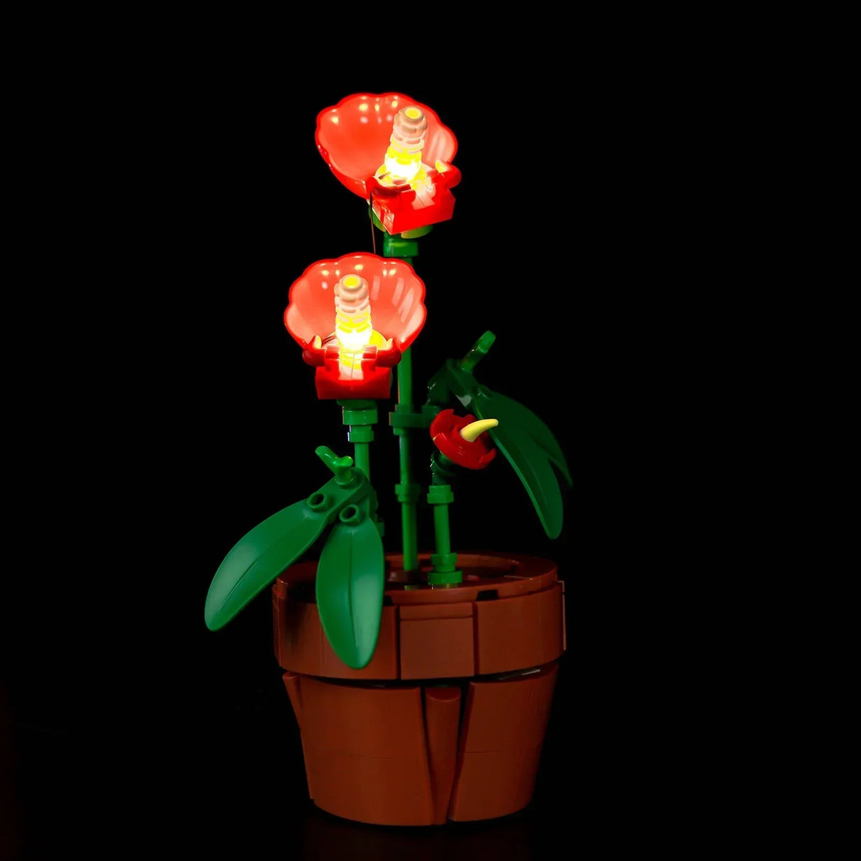 Eine rote LEGO Anthurie (Flamingoblume) im Tontopf aus dem Set 10329, deren Blütenkolben durch warmweiße LED-Beleuchtung hell illuminiert sind.