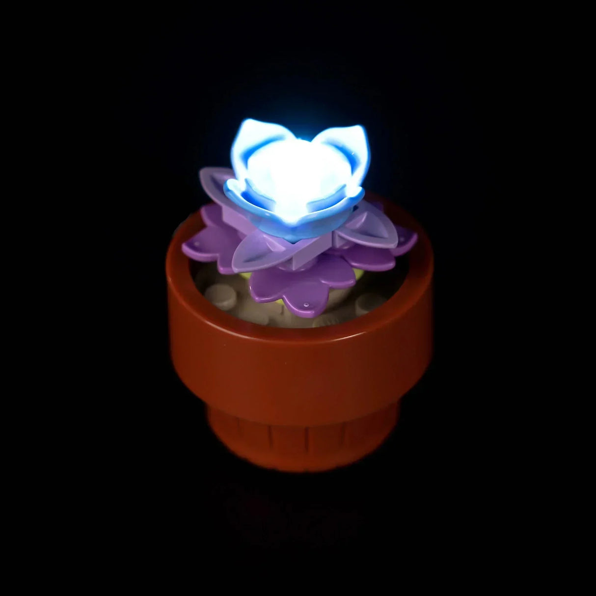Nahaufnahme einer kleinen LEGO Sukkulente aus dem Set Tiny Plants (10329) in einem braunen Tontopf, beleuchtet mit einem hellblauen LED-Licht im Inneren der Blüte vor schwarzem Hintergrund.