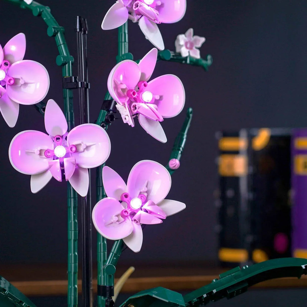 Makroaufnahme von illuminierten LEGO Orchideenblüten mit dezent verbauten LED-Kabeln an den grünen Stängeln.