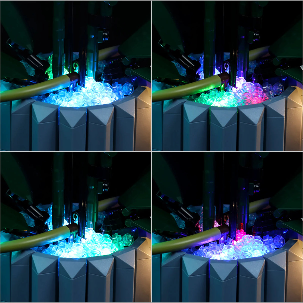 Vier Ansichten eines beleuchteten Bausteinmodells mit farbigen LED Lichtern im Sockel