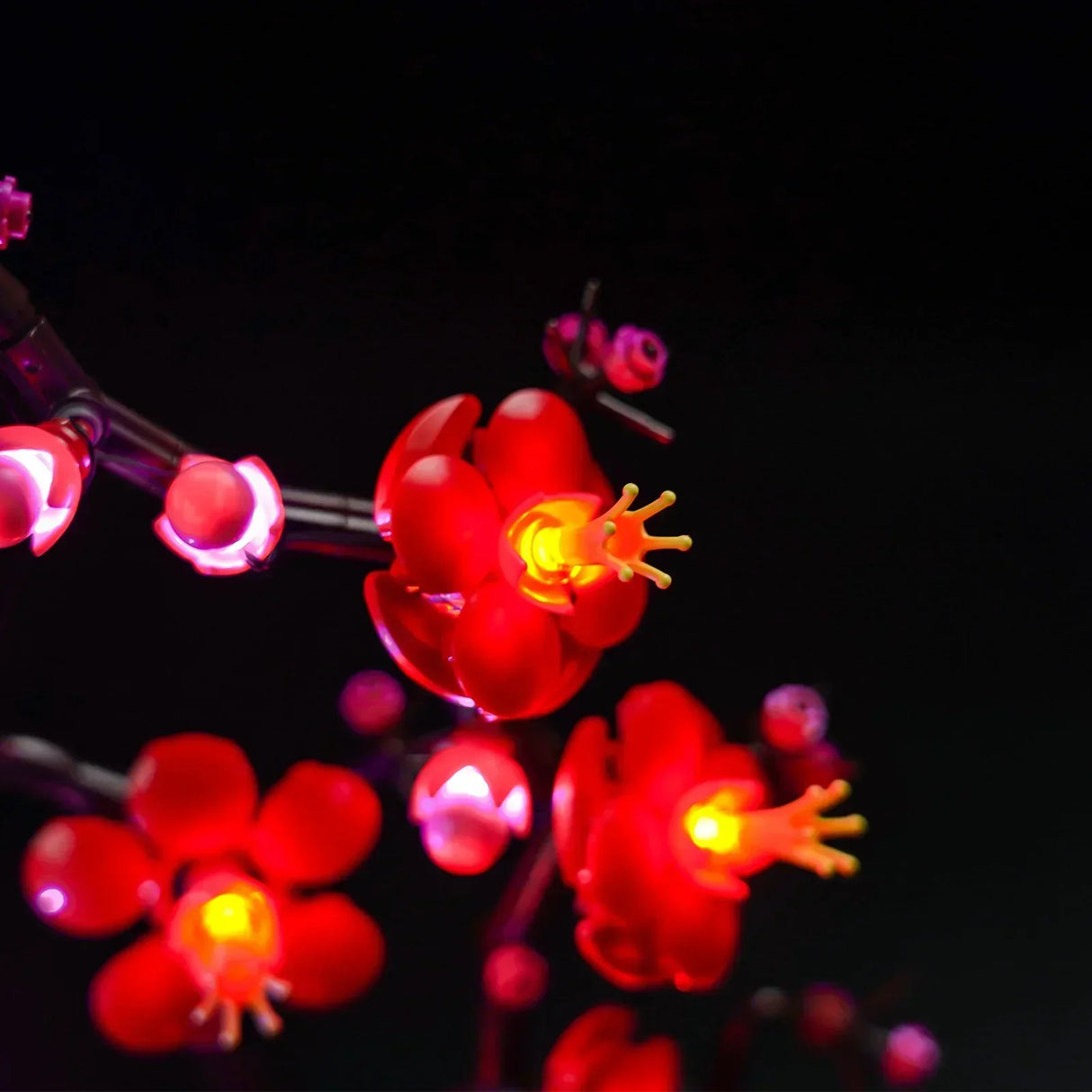 Leuchtende rote Kunstblumen an einem Zweig vor schwarzem Hintergrund