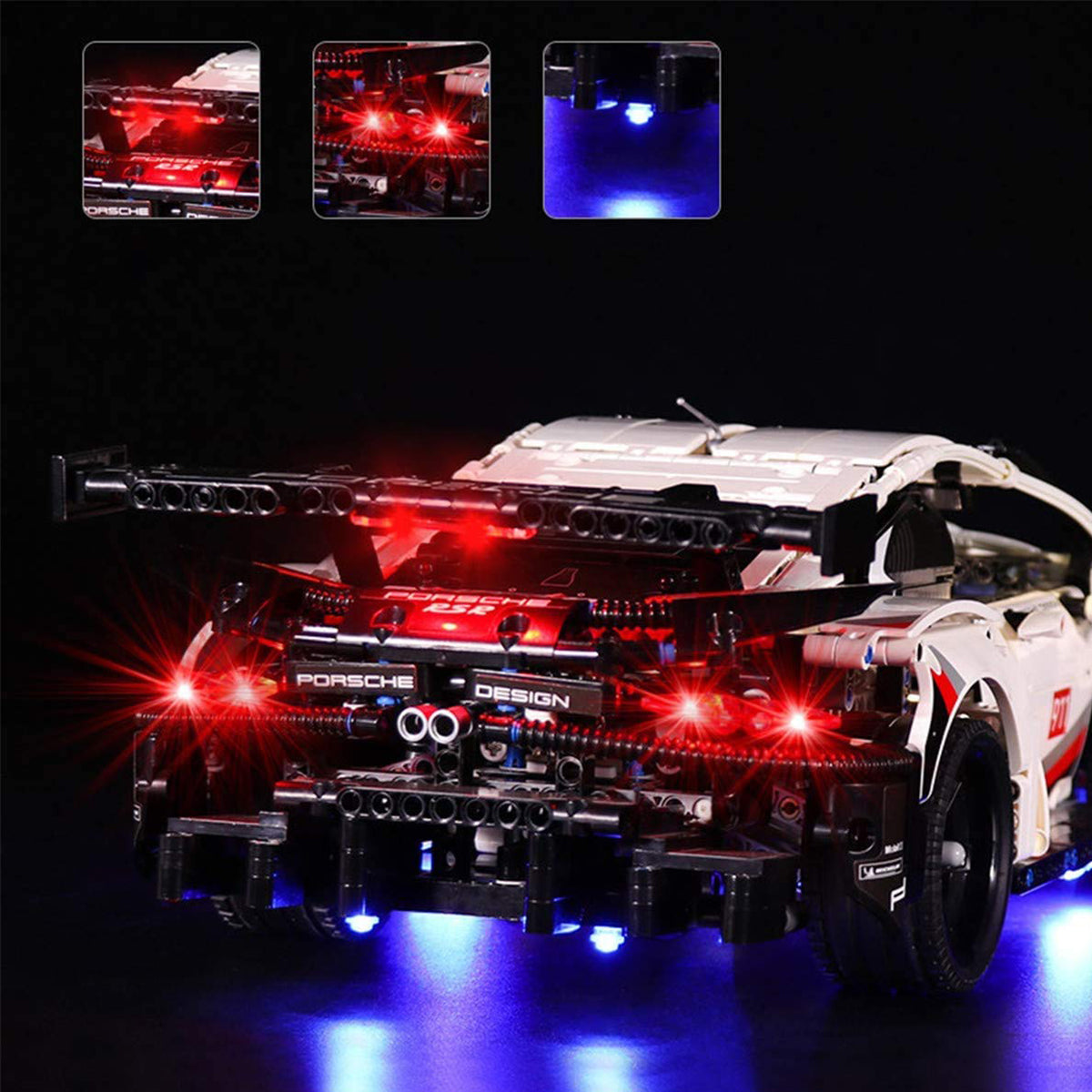 Porsche Modellauto aus Bausteinen mit roter und blauer LED Beleuchtung