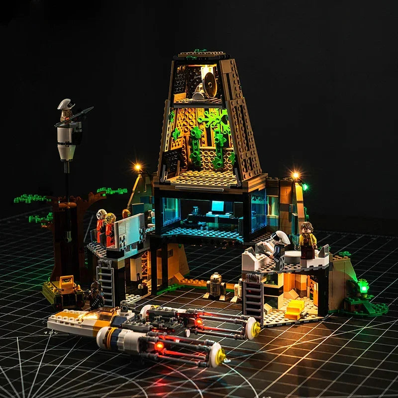 Beleuchtetes Lego Star Wars Set mit Basis und Raumschiff auf schwarzem Untergrund