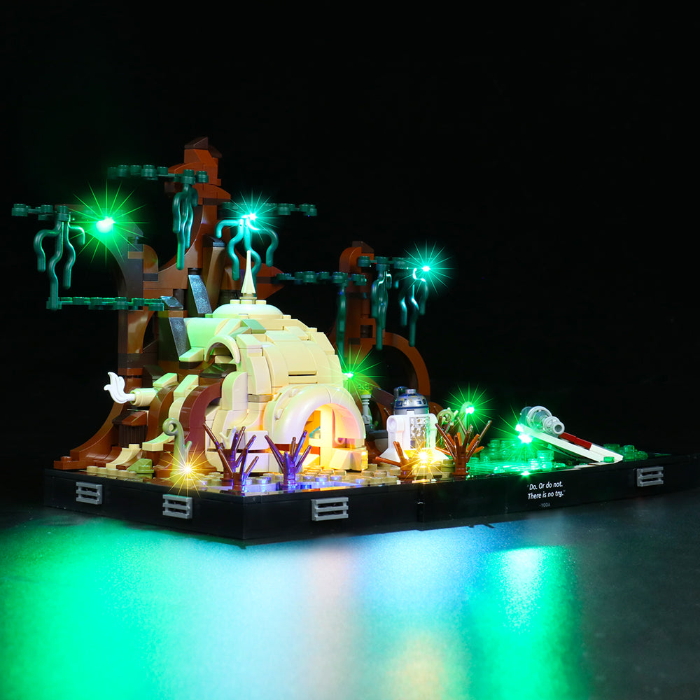 Beleuchtetes Lego Star Wars Diorama von Yodas Hütte auf Dagobah mit R2-D2 Figur