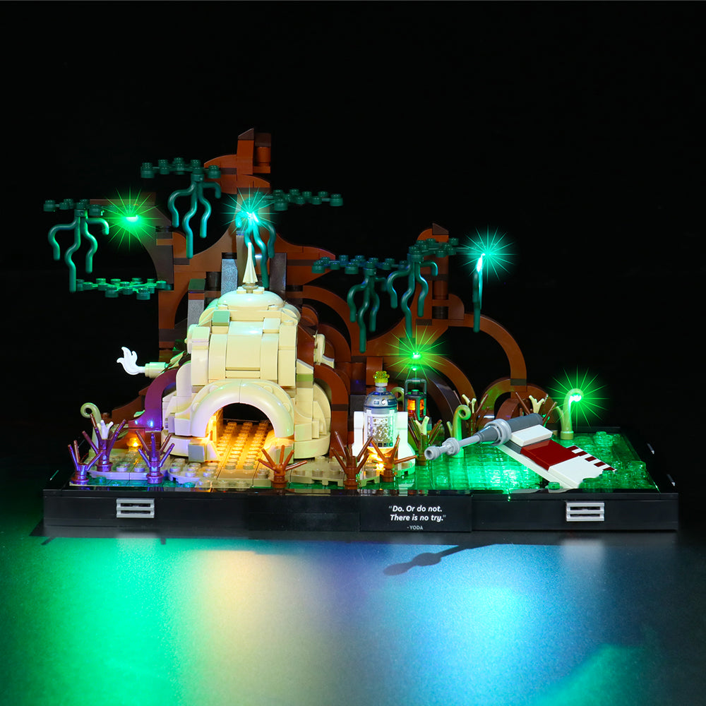 Beleuchtetes Lego Star Wars Dagobah Diorama mit Yoda Hütte und X-Wing Flügel im Sumpf