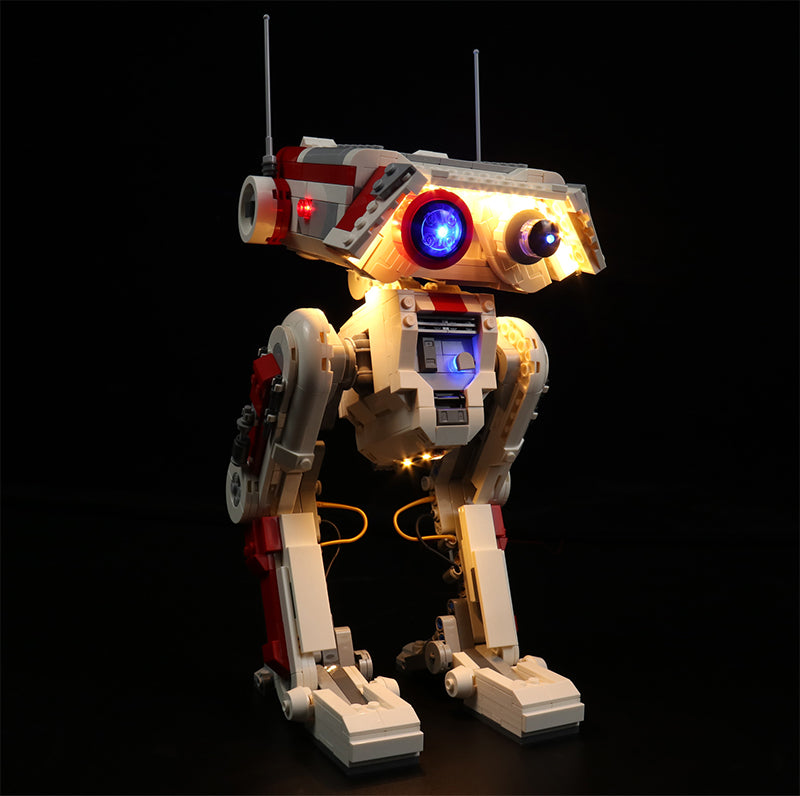 Beleuchtete Star Wars BD-1 Roboterfigur aus Klemmbausteinen vor schwarzem Hintergrund
