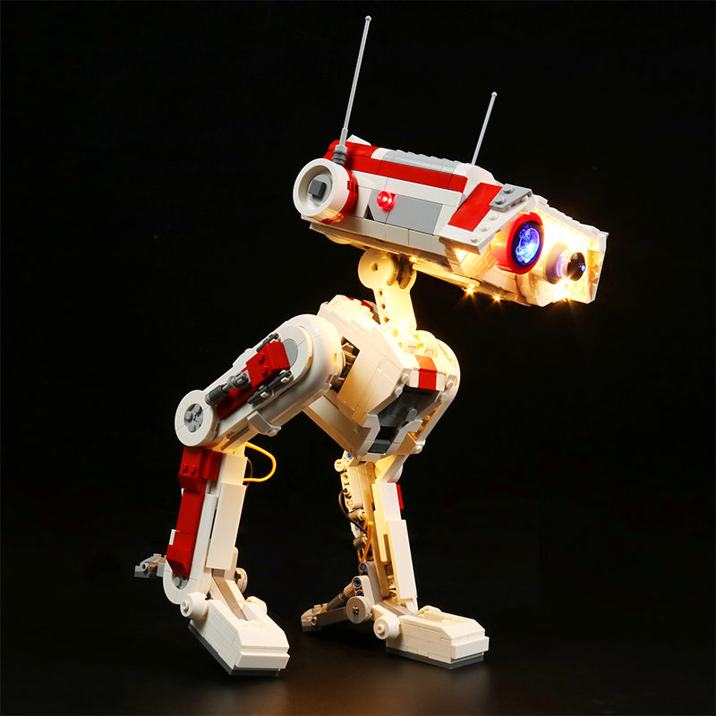 Beleuchtetes Lego Modell des Droiden BD-1 vor schwarzem Hintergrund
