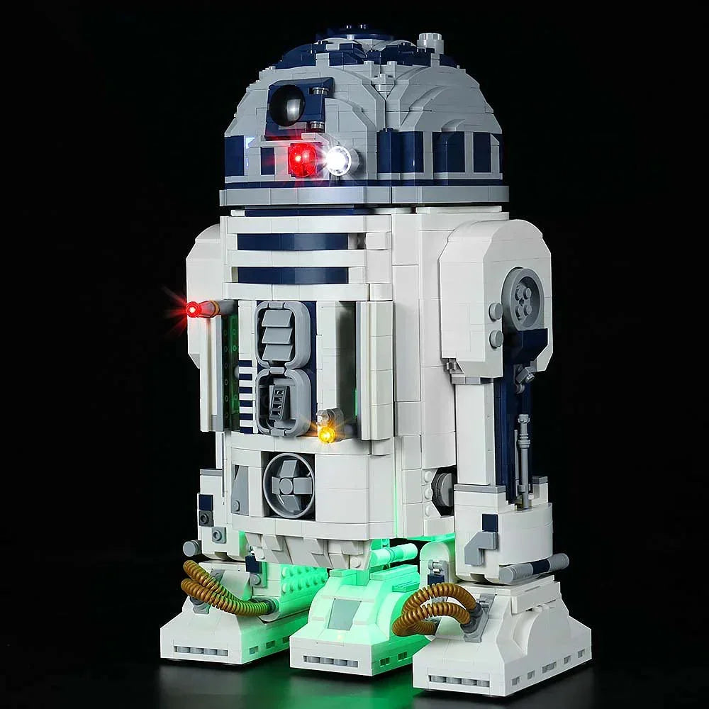 Lego R2-D2 Modell mit integrierter LED Beleuchtung vor schwarzem Hintergrund