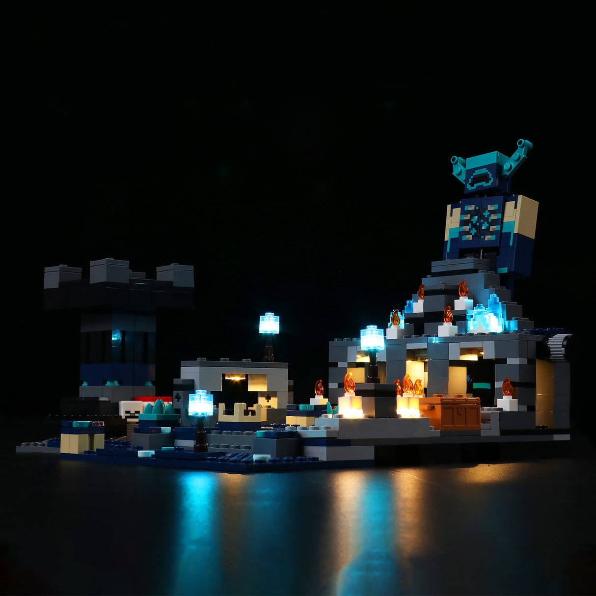 Beleuchtetes Lego Minecraft Set mit Wächter Figur und dunkler Kulisse
