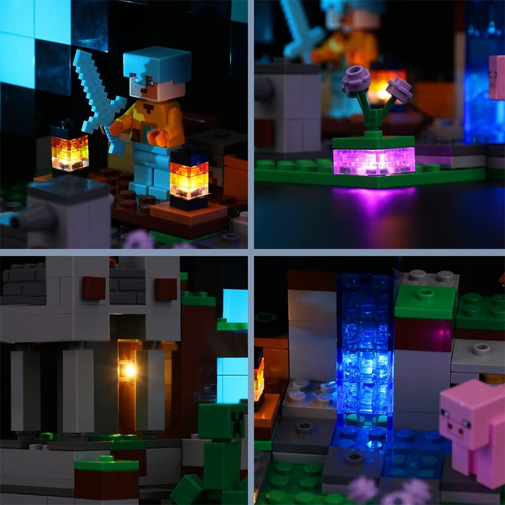 Beleuchtetes Minecraft Lego Set mit Spielfiguren und Bausteinen