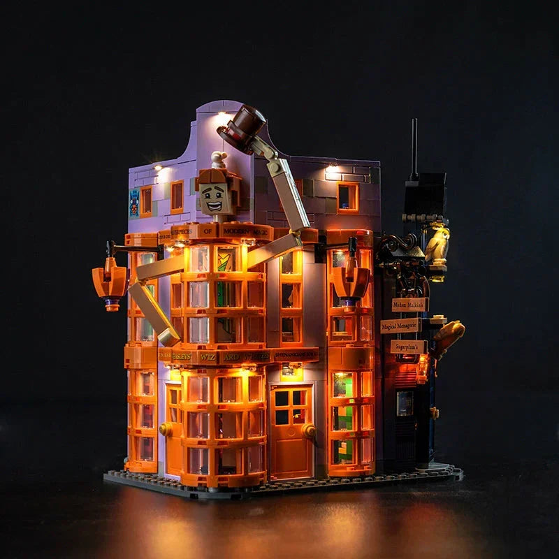 Beleuchtetes Lego Modell von Weasleys Zauberhafte Zauberscherze vor dunklem Hintergrund