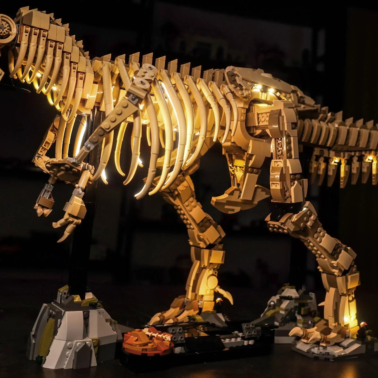 Beleuchtetes LEGO Dinosaurierskelett auf einem Ständer