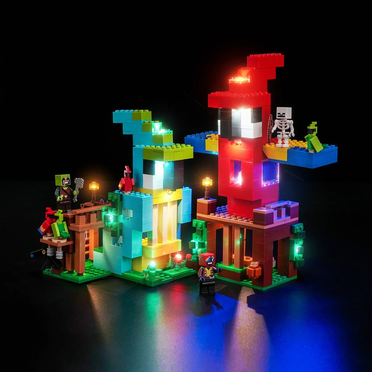 Beleuchtetes Lego Minecraft Set mit zwei Bäumen und Figuren