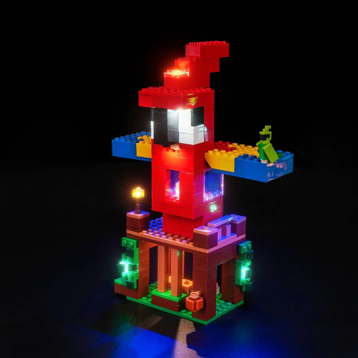 Beleuchtetes Lego Minecraft Papageienhaus mit roten, blauen, gelben und grünen Steinen