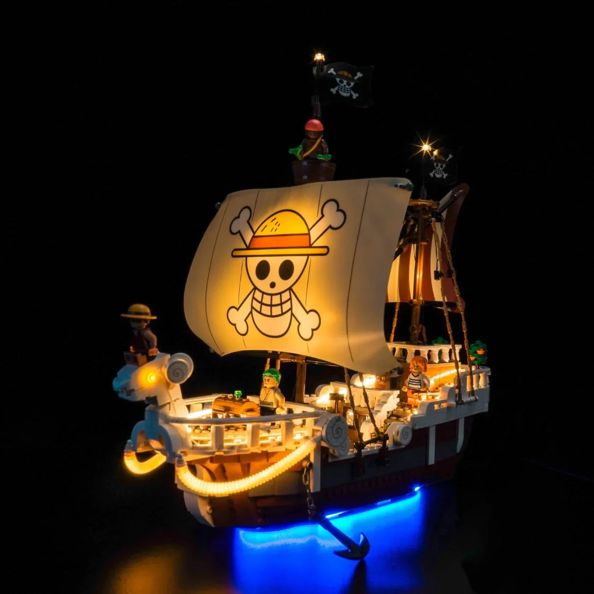 Beleuchtetes Lego-Modell des One Piece Schiffes Going Merry mit blauer Unterbodenbeleuchtung