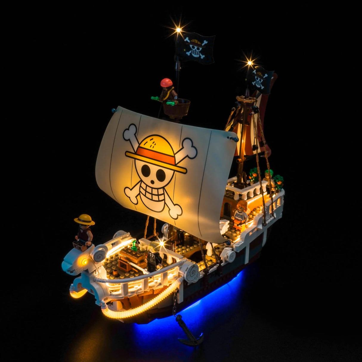 Beleuchtetes Lego Piratenschiff mit Totenkopf-Segel und blauer Unterbodenbeleuchtung