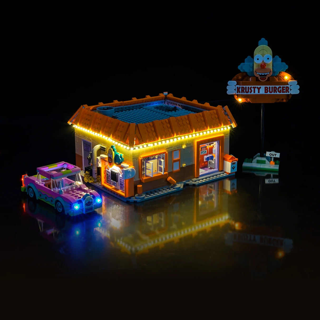 Beleuchtetes Krusty Burger Lego Set mit einem rosa Auto davor